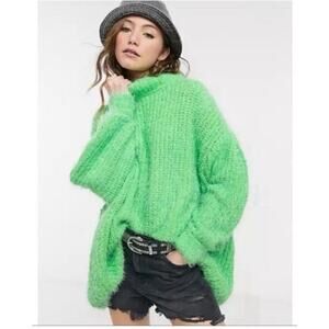 Free People Oasis Oversized Tunic Sweater Mock Neck Fuzzy Chunky Green Energy SM